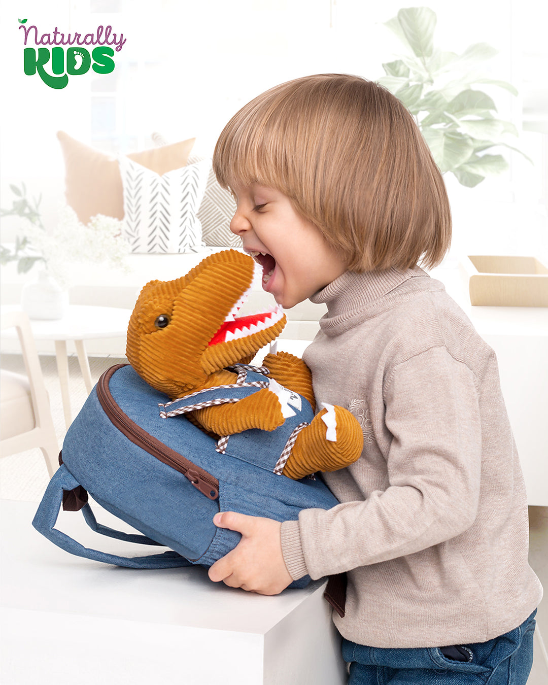 🦖 Toddler Dinosaur Backpack &amp; Brown T-Rex Stuffed Plush Toy — SMALL with pockets &amp; reflective safety patch