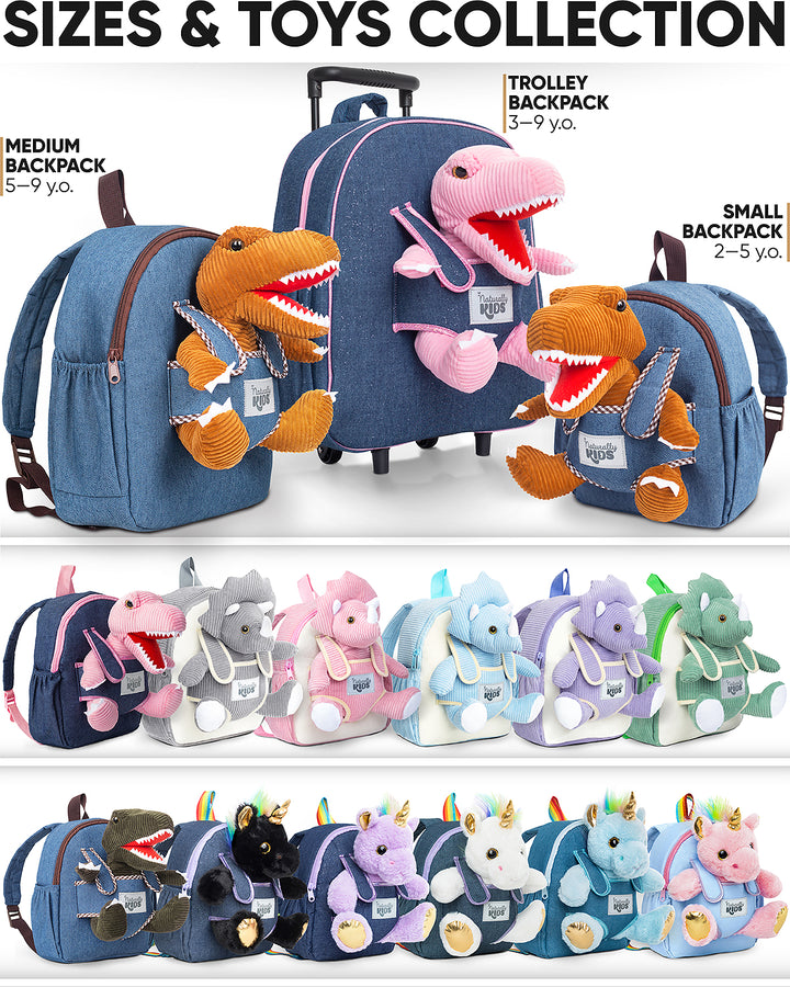 🦖 Toddler Dinosaur Backpack &amp; Brown T-Rex Stuffed Plush Toy — SMALL with pockets &amp; reflective safety patch