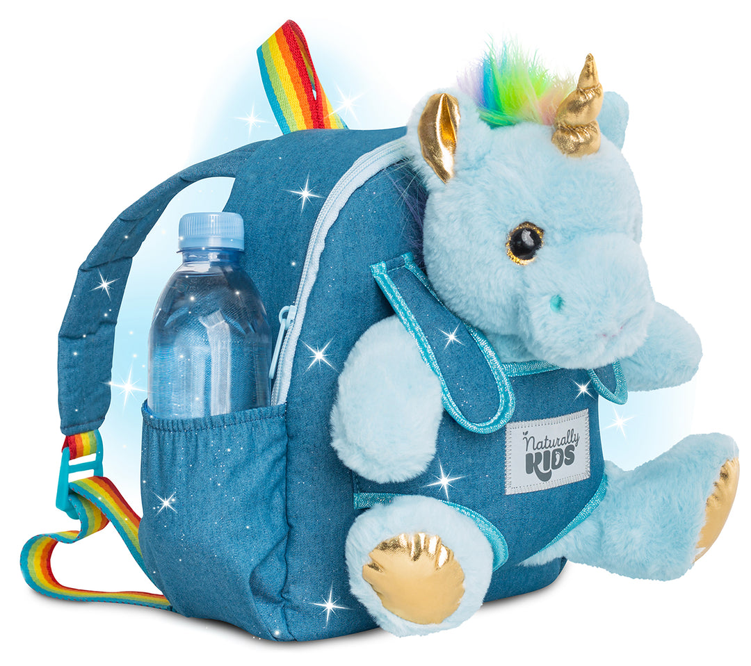 Toddler Unicorn Backpack & Blue Stuffed Unicorn Plush Toy — SMALL with pockets & reflective safety patch by Naturally KIDS®
