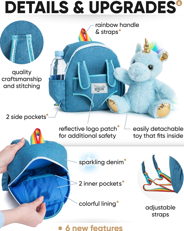 🦄 Toddler Unicorn Backpack &amp; Blue Stuffed Unicorn Plush Toy — SMALL with pockets &amp; reflective safety patch