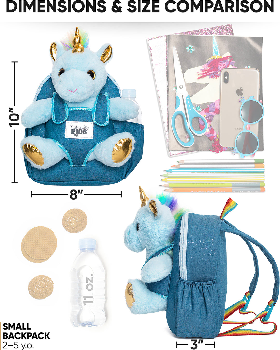 🦄 Toddler Unicorn Backpack &amp; Blue Stuffed Unicorn Plush Toy — SMALL with pockets &amp; reflective safety patch