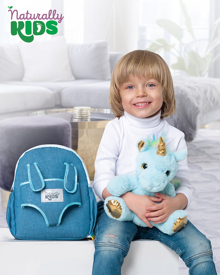 🦄 Toddler Unicorn Backpack &amp; Blue Stuffed Unicorn Plush Toy — SMALL with pockets &amp; reflective safety patch
