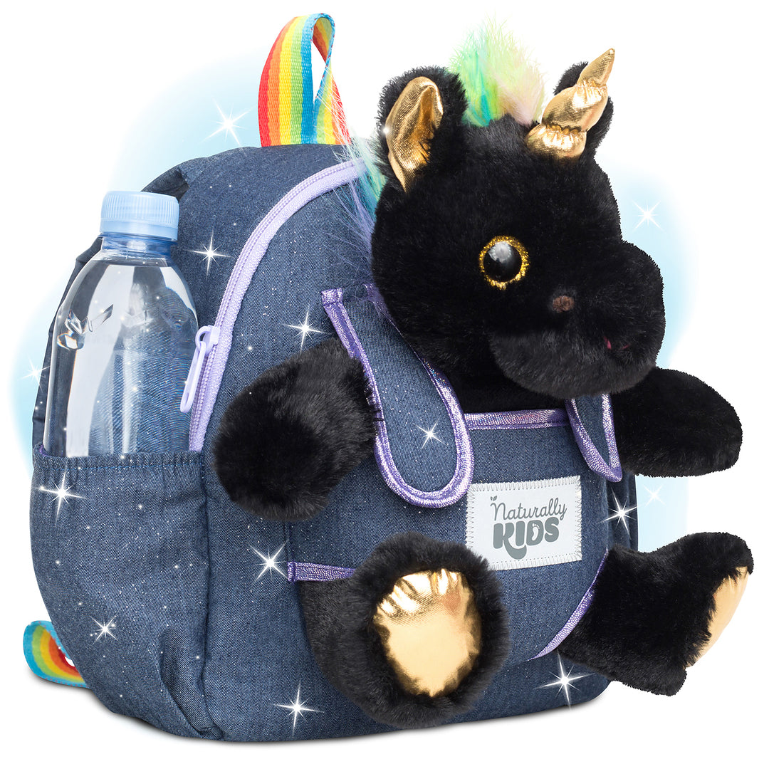 Toddler Unicorn Backpack & Black Stuffed Unicorn Plush Toy — SMALL with pockets & reflective safety patch by Naturally KIDS®