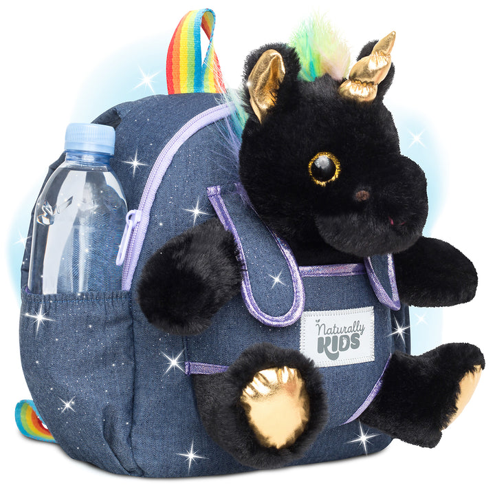Toddler Unicorn Backpack &amp; Black Stuffed Unicorn Plush Toy — SMALL with pockets &amp; reflective safety patch by Naturally KIDS®
