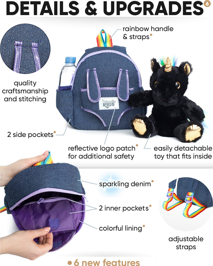 🦄 Toddler Unicorn Backpack &amp; Black Stuffed Unicorn Plush Toy — SMALL with pockets &amp; reflective safety patch