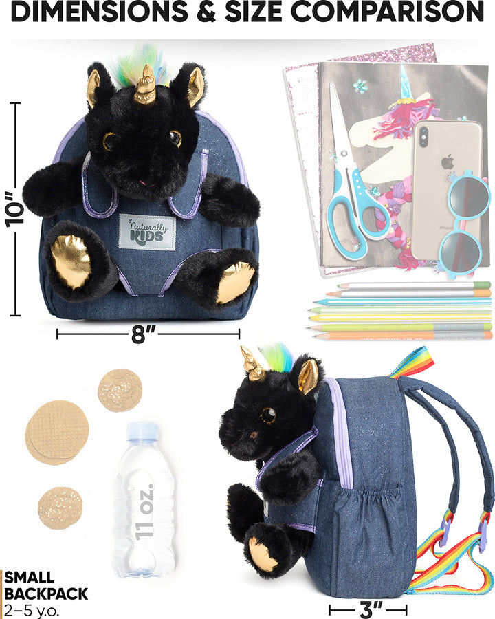 🦄 Toddler Unicorn Backpack &amp; Black Stuffed Unicorn Plush Toy — SMALL with pockets &amp; reflective safety patch