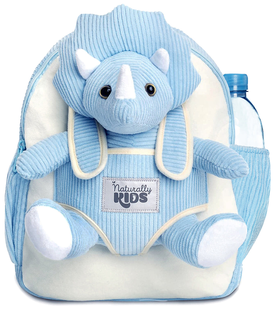 Kids' Dinosaur Backpack & Blue Triceratops Stuffed Plush Toy — MEDIUM with pockets & reflective safety patch by Naturally KIDS®