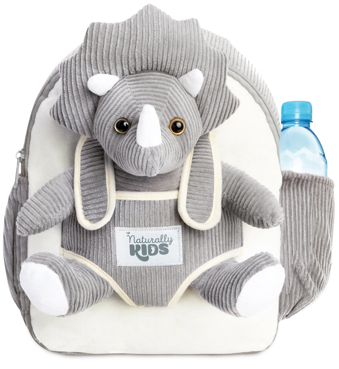 Kids' Dinosaur Backpack & Grey Triceratops Stuffed Plush Toy — MEDIUM with pockets & reflective safety patch by Naturally KIDS®
