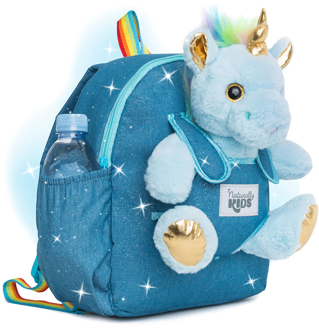 Kids' Unicorn Backpack & Blue Stuffed Plush Unicorn Toy — MEDIUM with pockets & reflective safety patch by Naturally KIDS®