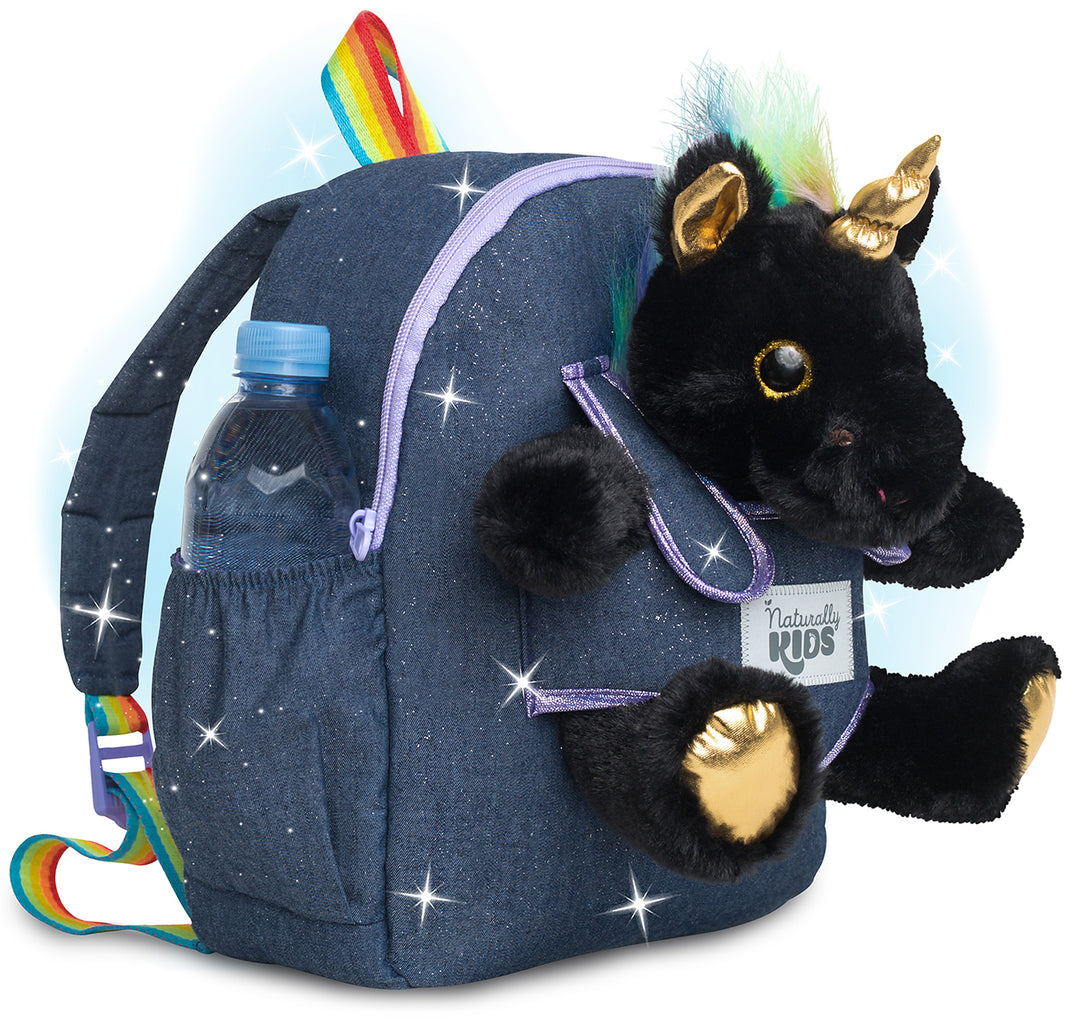Kids' Unicorn Backpack & Black Stuffed Plush Unicorn Toy — MEDIUM with pockets & reflective safety patch by Naturally KIDS®