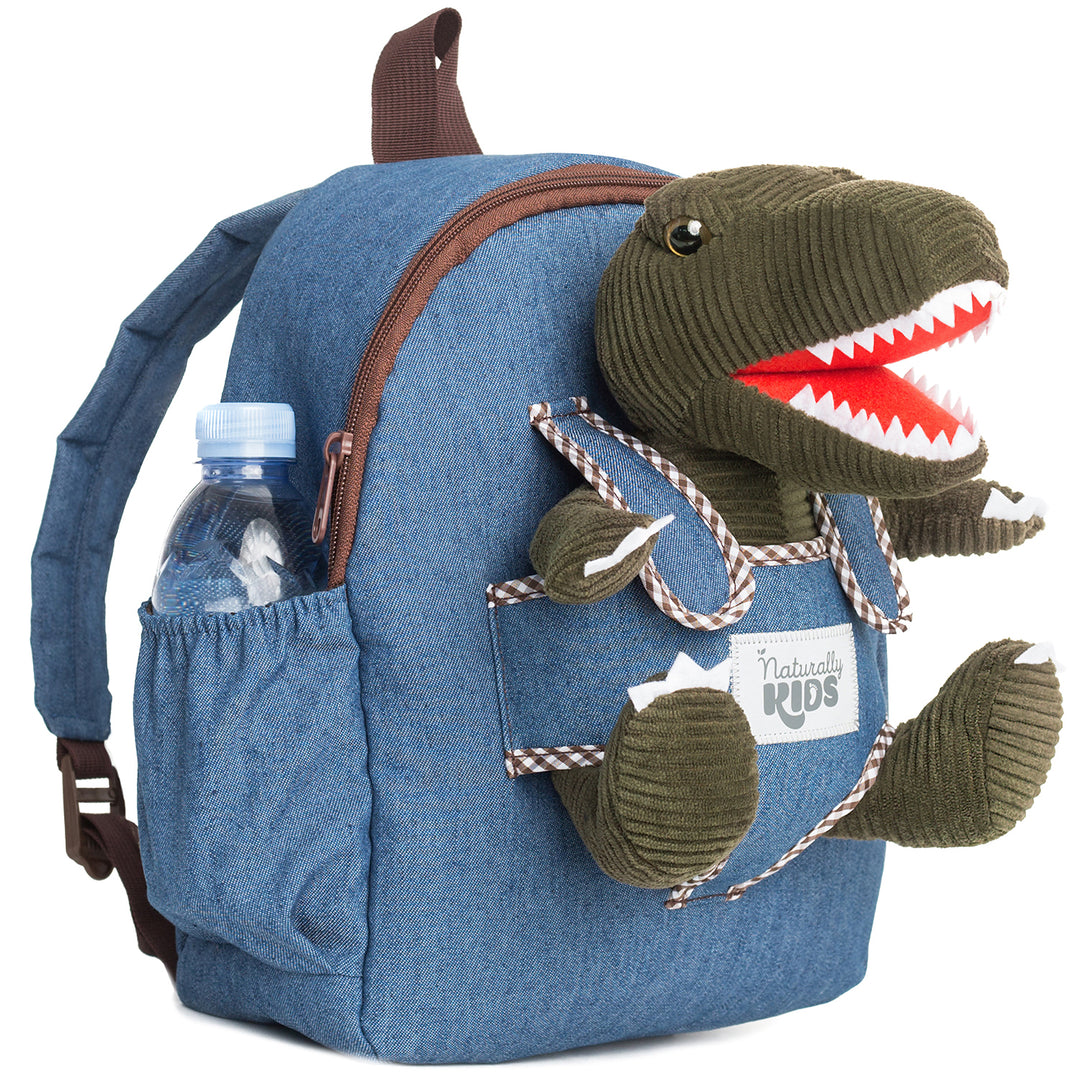 Kids' Dinosaur Backpack & Green T-Rex Stuffed Plush Toy — MEDIUM with pockets & reflective safety patch by Naturally KIDS®