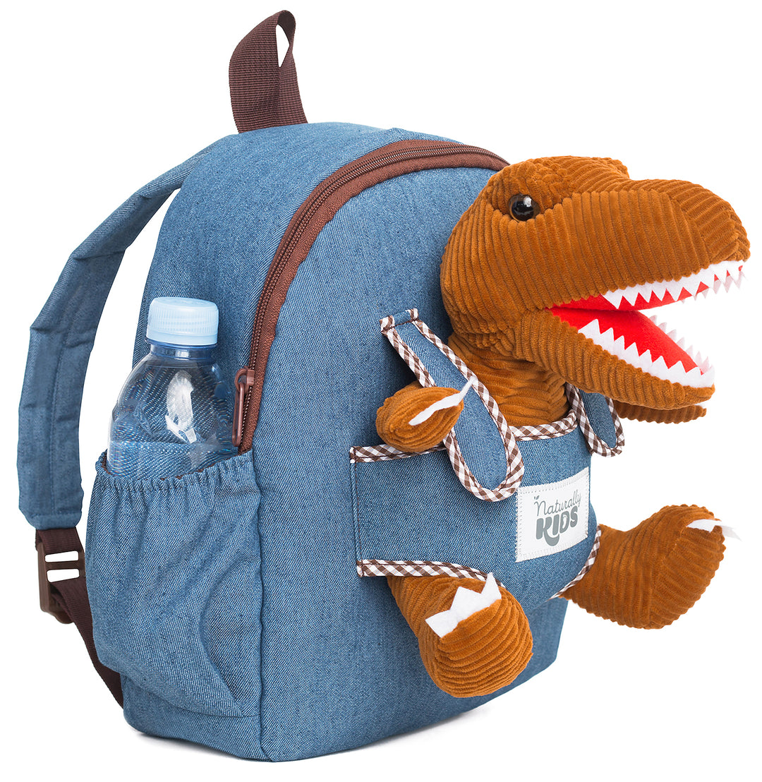 Kids' Dinosaur Backpack & Brown T-Rex Stuffed Plush Toy — MEDIUM with pockets & reflective safety patch by Naturally KIDS®