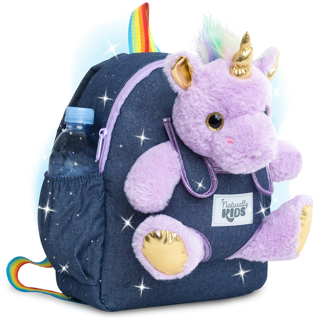Kids' Unicorn Backpack & Purple Stuffed Plush Unicorn Toy — MEDIUM with pockets & reflective safety patch by Naturally KIDS®