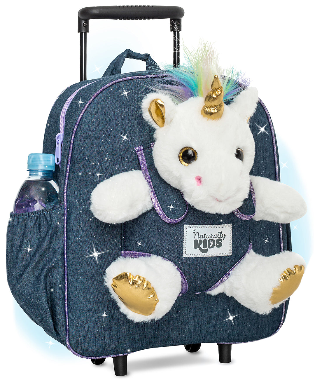Kids' Unicorn Backpack & Stuffed Unicorn Plush Toy — Rolling Trolley Bag with pockets & reflective safety patch by Naturally KIDS®
