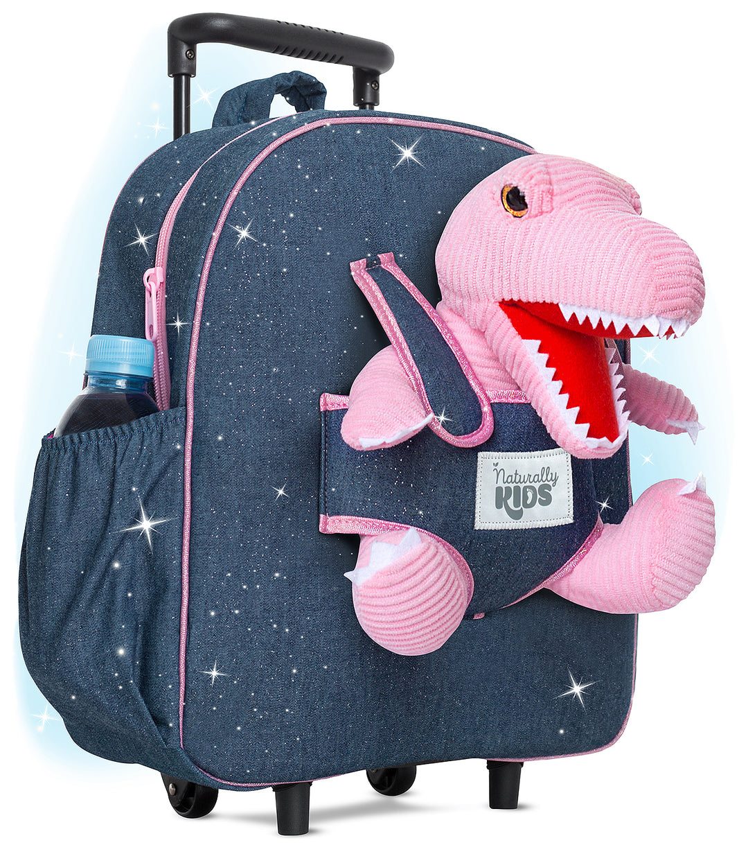 Kids' Dinosaur Backpack & Pink T-Rex Stuffed Plush Toy — Rolling Trolley Bag with pockets & reflective safety patch by Naturally KIDS®