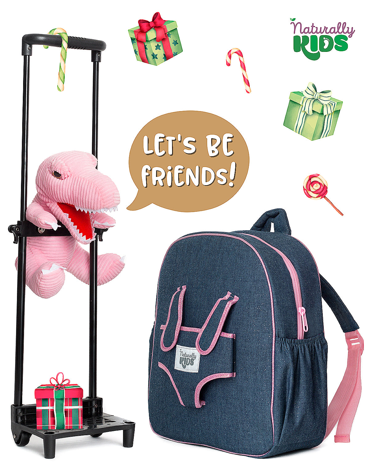 Kids' Dinosaur Backpack & Pink T-Rex Plush Toy — Rolling Bag