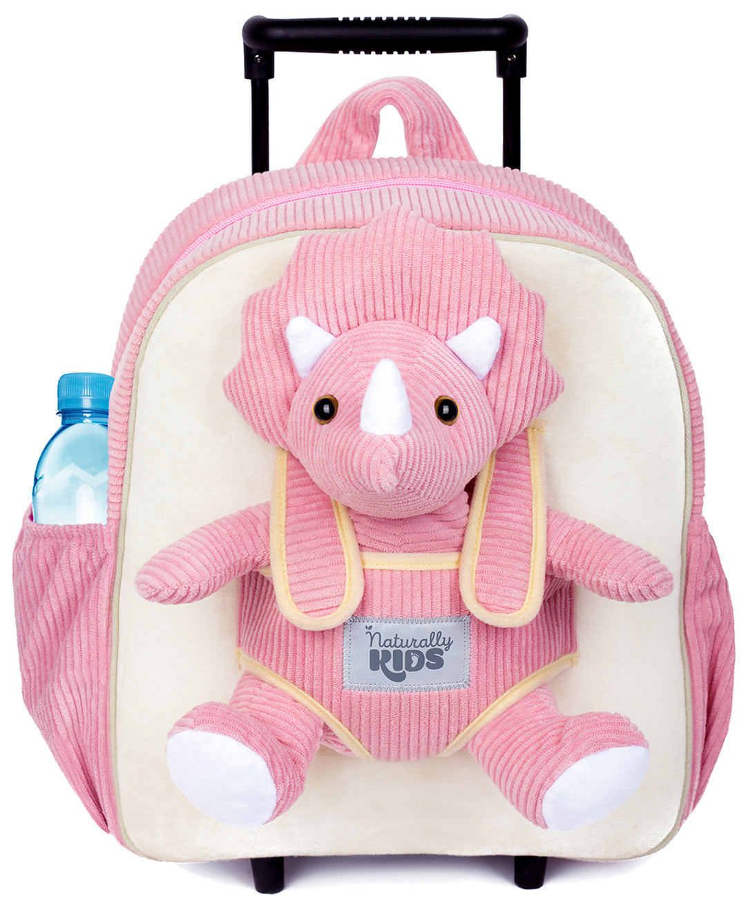 Kids' Dinosaur Backpack & Pink Triceratops Stuffed Plush Toy — Rolling Trolley Bag with pockets & reflective safety patch by Naturally KIDS®