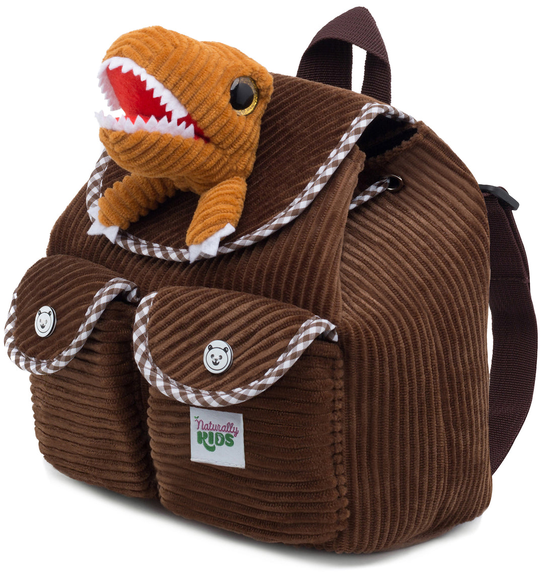 Little Toddler Corduroy Backpack with Brown T-Rex Stuffed Toy — MINI Preschool by Naturally KIDS®