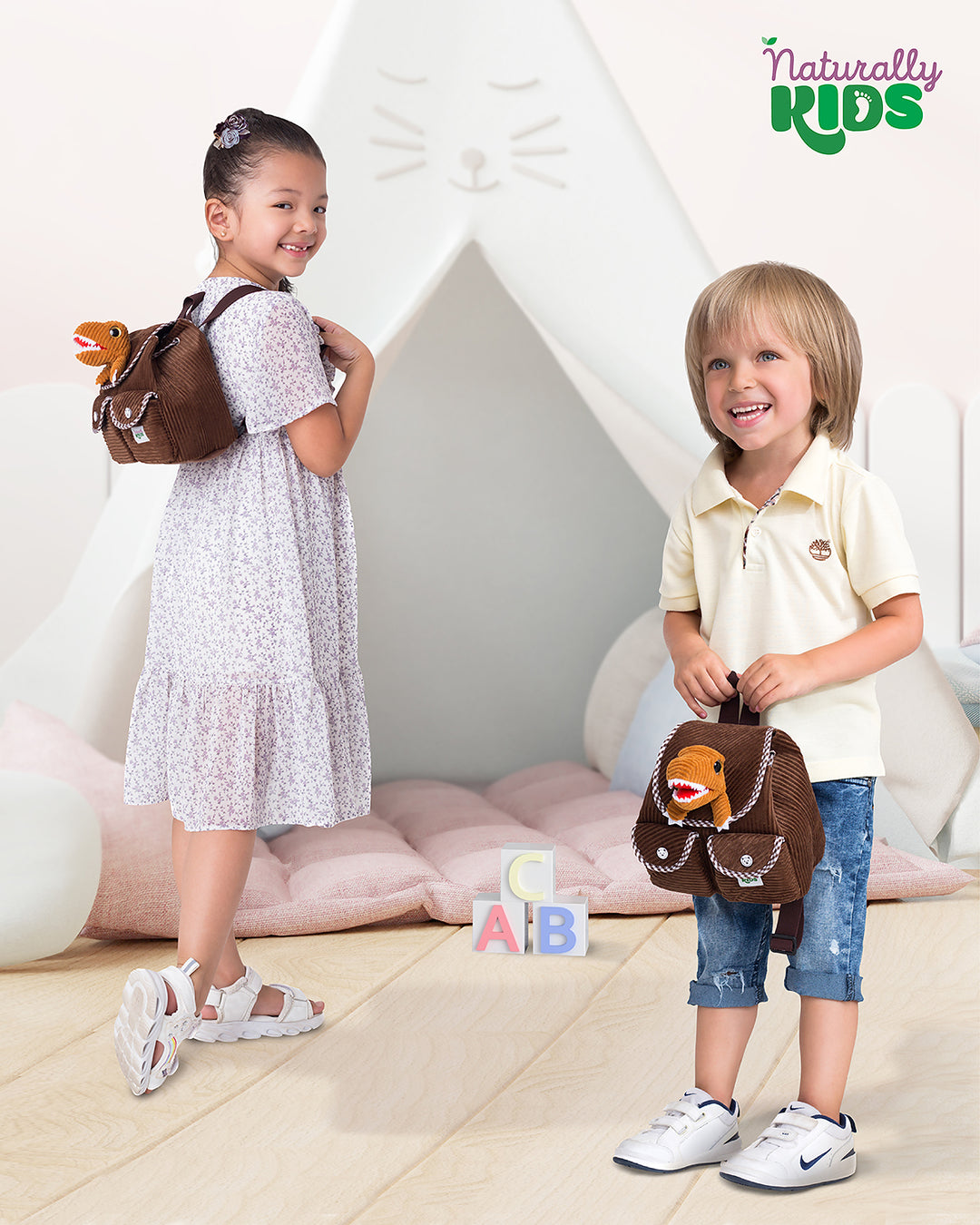 🦖 Little Toddler Corduroy Backpack with Brown T-Rex Stuffed Toy — MINI Preschool