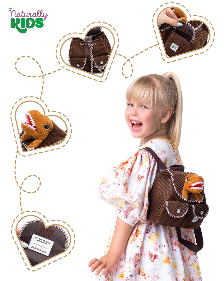 🦖 Little Toddler Corduroy Backpack with Brown T-Rex Stuffed Toy — MINI Preschool
