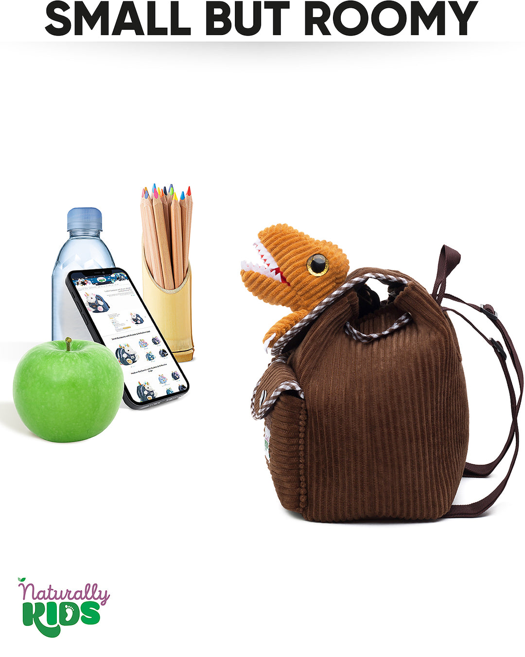 🦖 Little Toddler Corduroy Backpack with Brown T-Rex Stuffed Toy — MINI Preschool