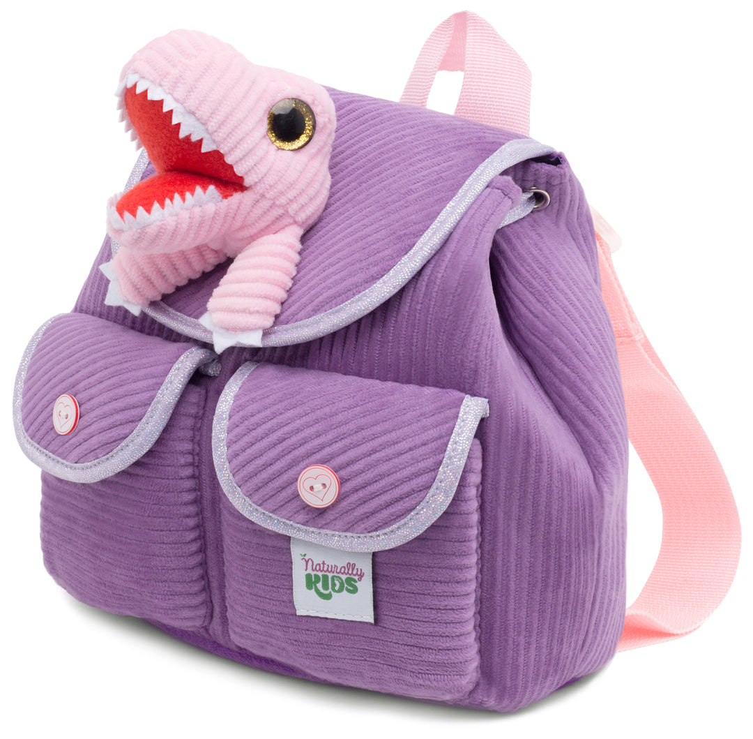 Little Toddler Corduroy Backpack with Purple T-Rex Stuffed Toy — MINI Preschool by Naturally KIDS®