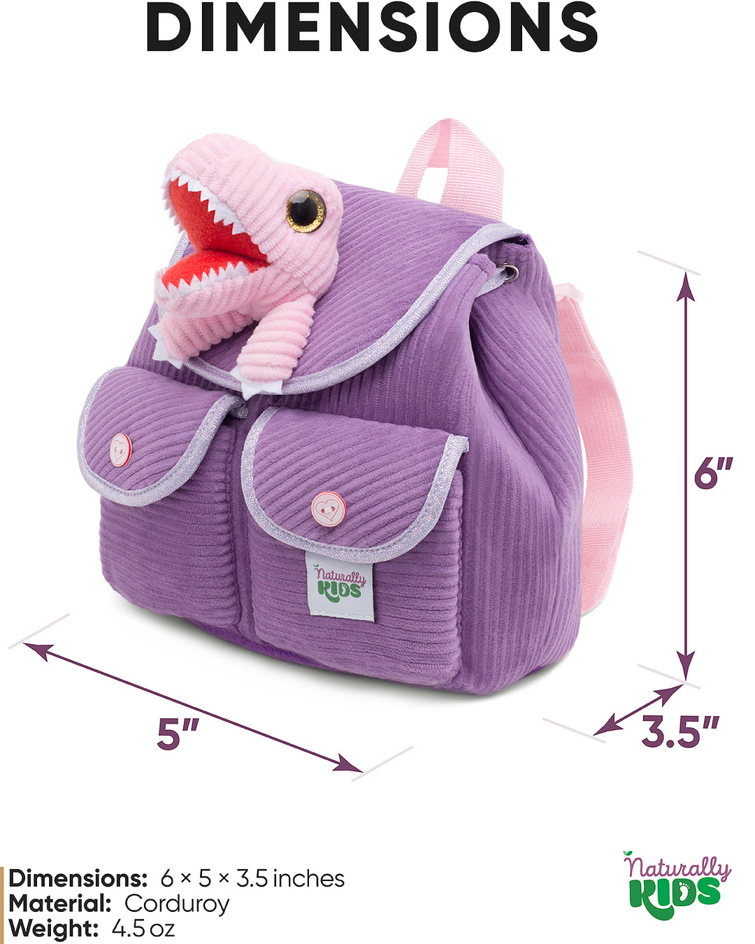 🦖 Little Toddler Corduroy Backpack with Purple T-Rex Stuffed Toy — MINI Preschool