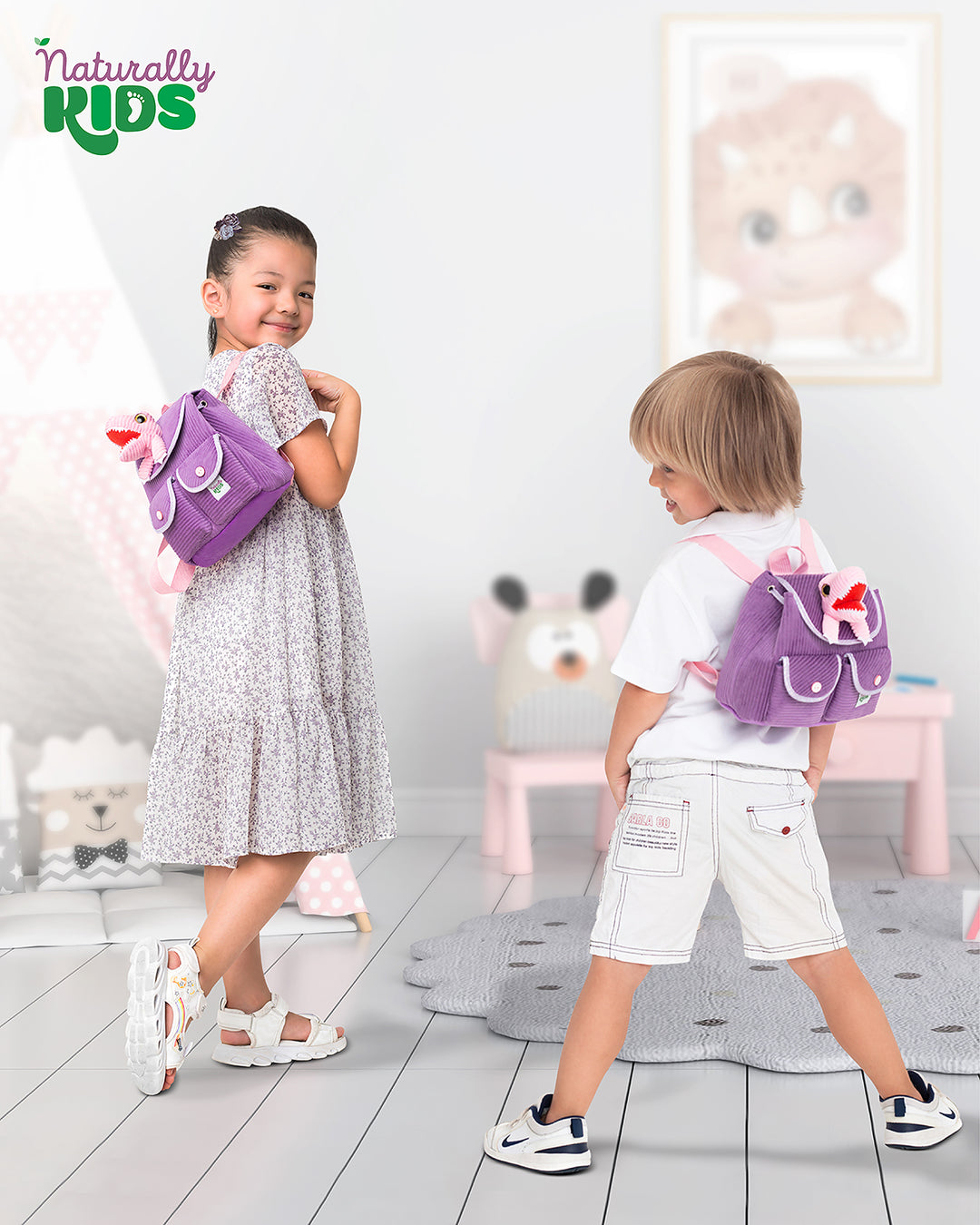 🦖 Little Toddler Corduroy Backpack with Purple T-Rex Stuffed Toy — MINI Preschool