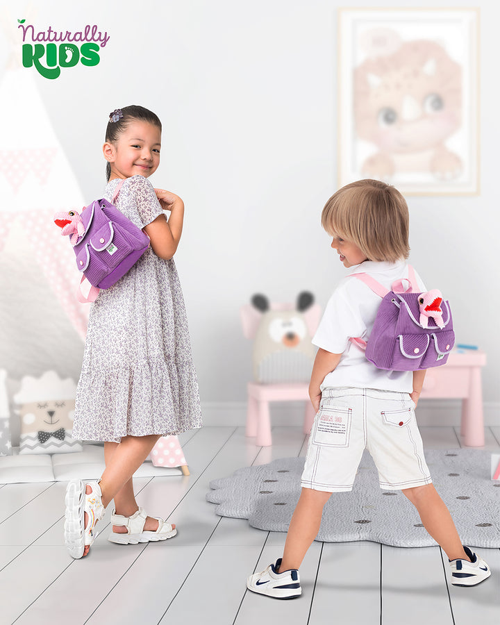 🦖 Little Toddler Corduroy Backpack with Purple T-Rex Stuffed Toy — MINI Preschool