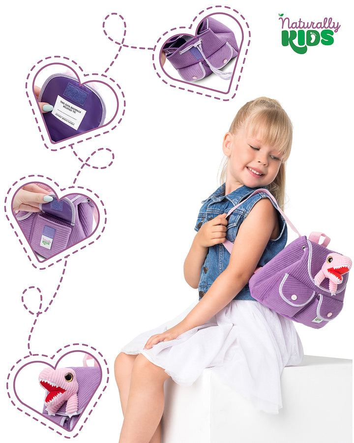 🦖 Little Toddler Corduroy Backpack with Purple T-Rex Stuffed Toy — MINI Preschool
