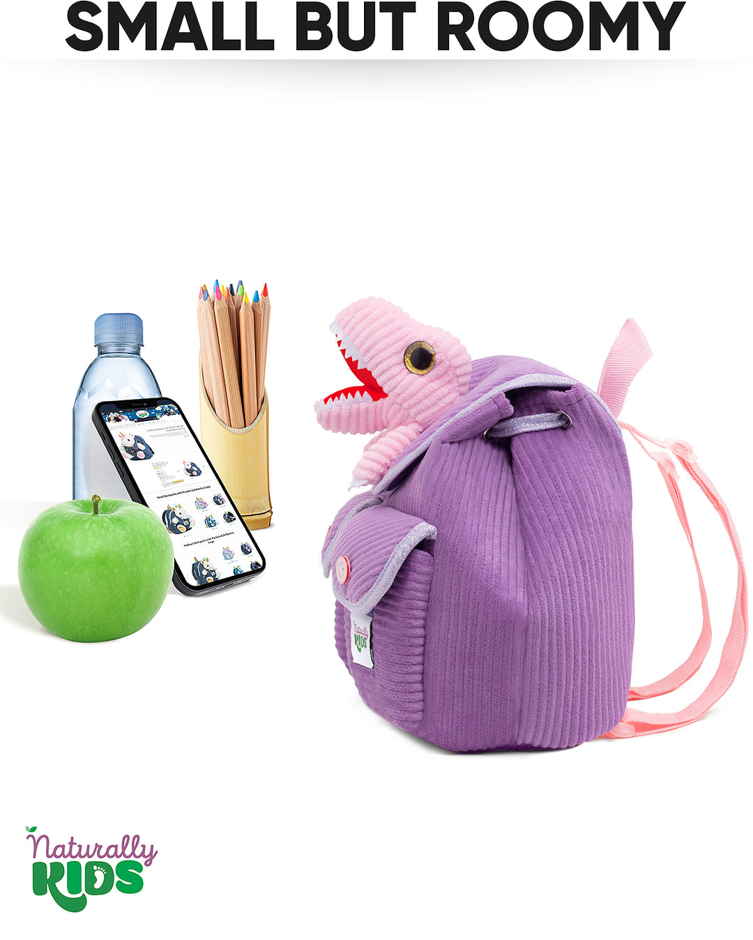 🦖 Little Toddler Corduroy Backpack with Purple T-Rex Stuffed Toy — MINI Preschool