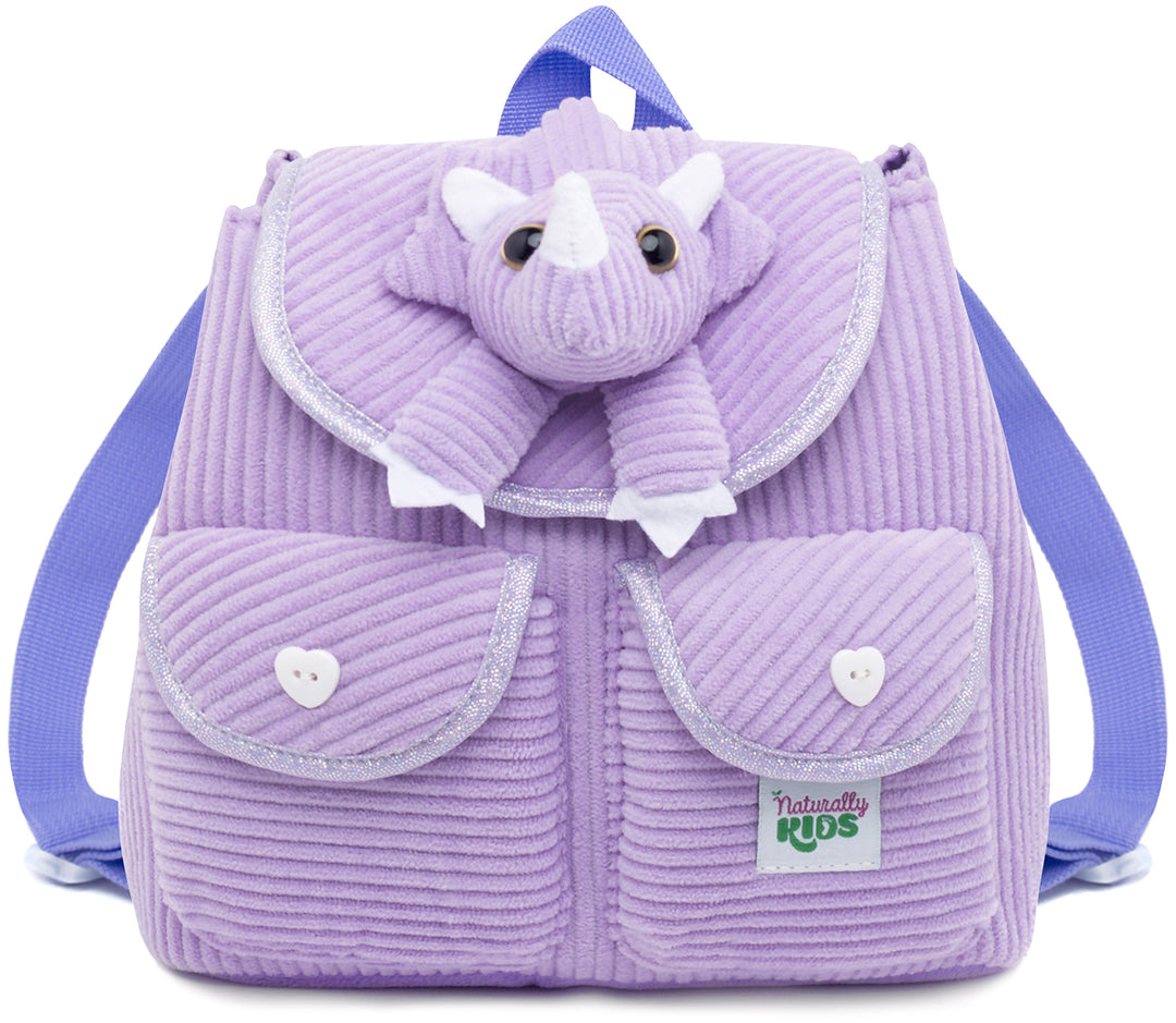 Little Toddler Corduroy Backpack with Purple Triceratops Stuffed Toy — MINI Preschool by Naturally KIDS®