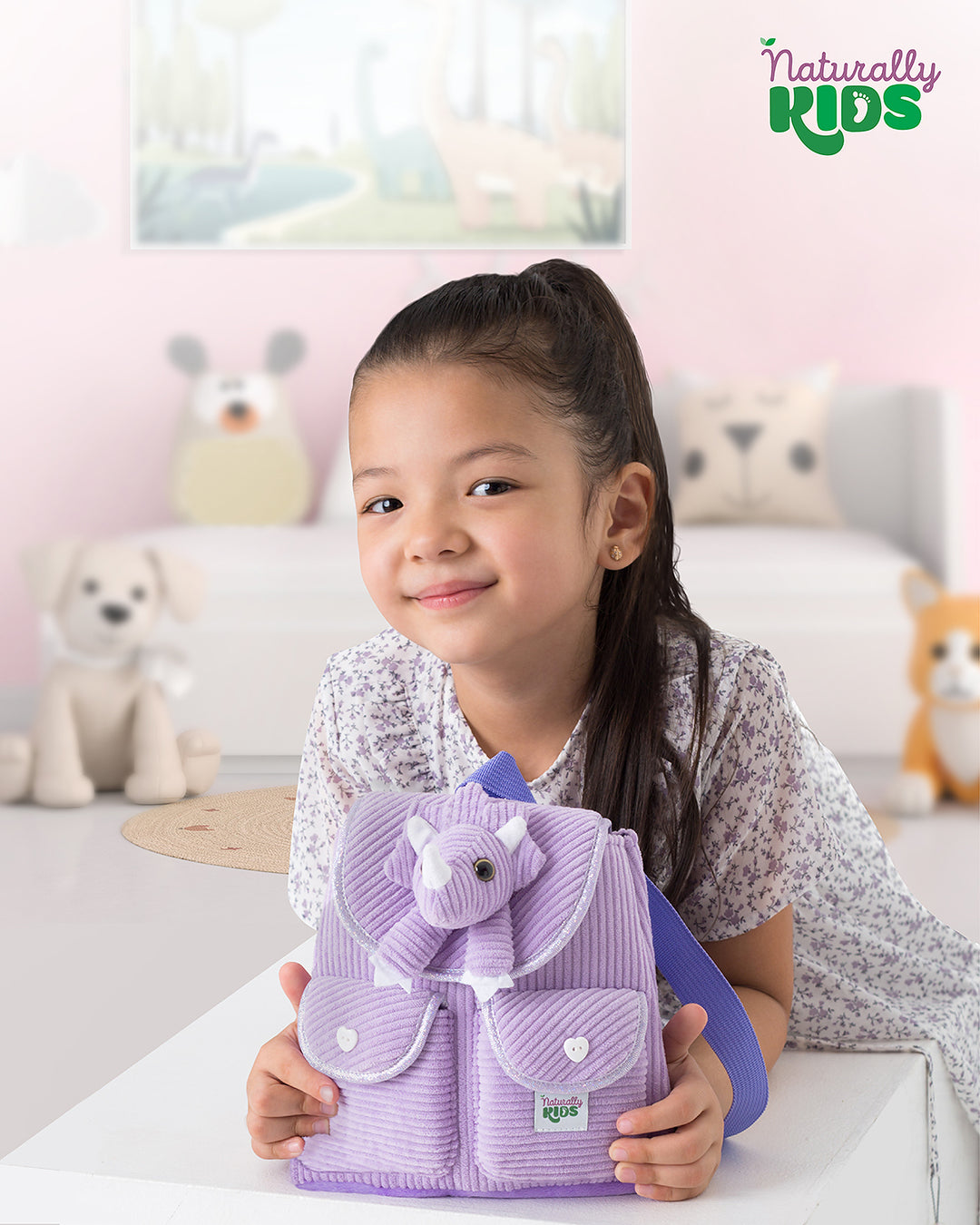 Little Toddler Corduroy Backpack with Purple Triceratops Stuffed Toy — MINI Preschool
