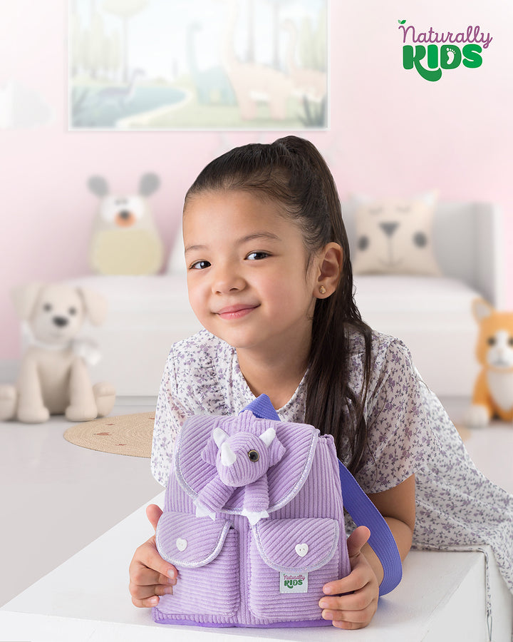 Little Toddler Corduroy Backpack with Purple Triceratops Stuffed Toy — MINI Preschool