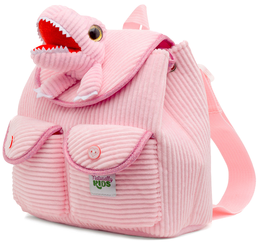 Little Toddler Corduroy Backpack with Pink T-Rex Stuffed Toy — MINI Preschool by Naturally KIDS®