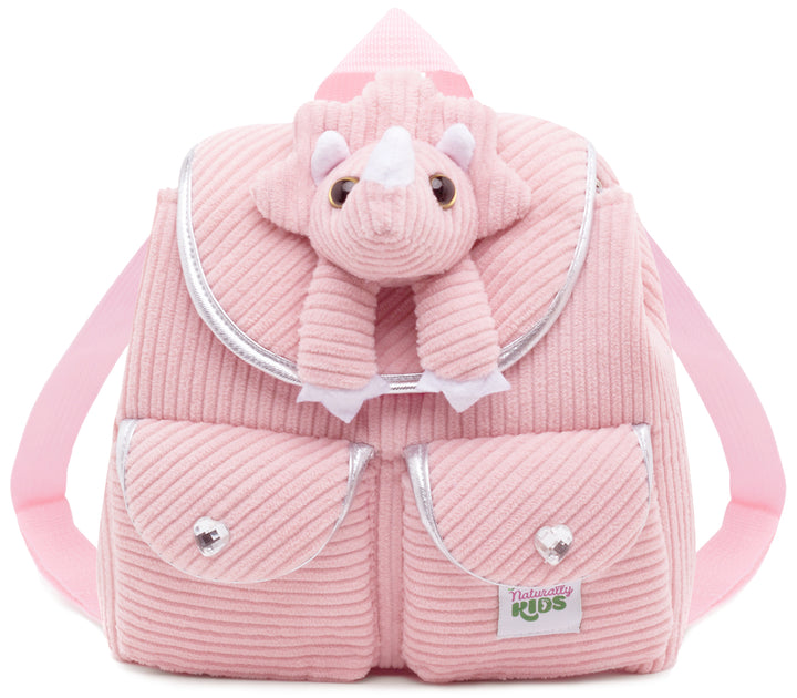 Little Toddler Corduroy Backpack with Pink Triceratops Stuffed Toy — MINI Preschool by Naturally KIDS®