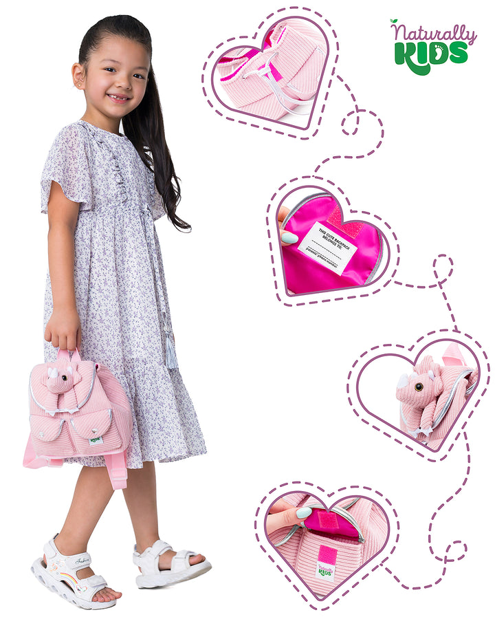 Little Toddler Corduroy Backpack with Pink Triceratops Stuffed Toy — MINI Preschool