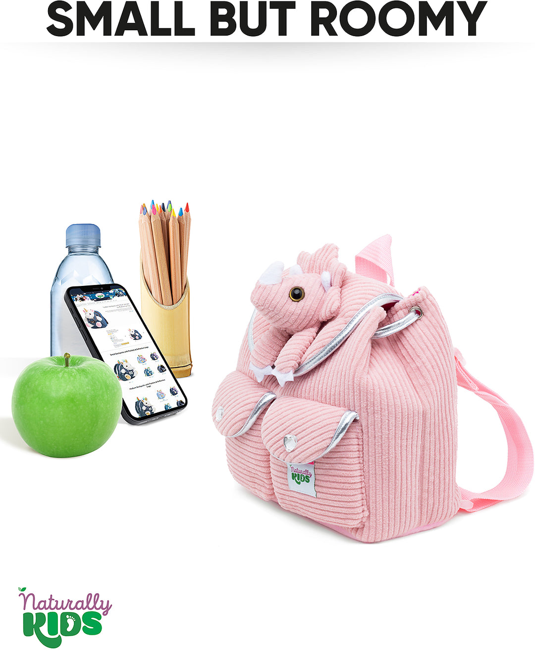Little Toddler Corduroy Backpack with Pink Triceratops Stuffed Toy — MINI Preschool