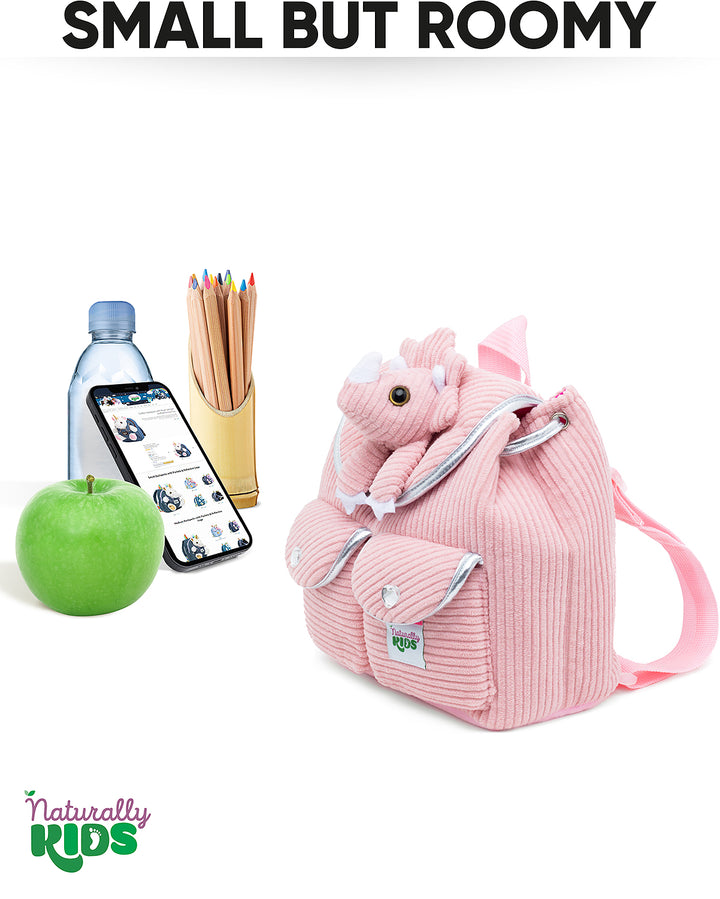 Little Toddler Corduroy Backpack with Pink Triceratops Stuffed Toy — MINI Preschool