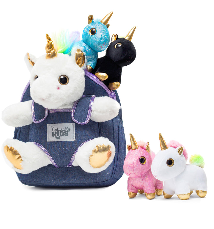 🦄 4 Plush Unicorn Toys: Pink, White, Blue and Black in a Unicorn Backpack — Unicorn Gifts for Girls &amp; Boys