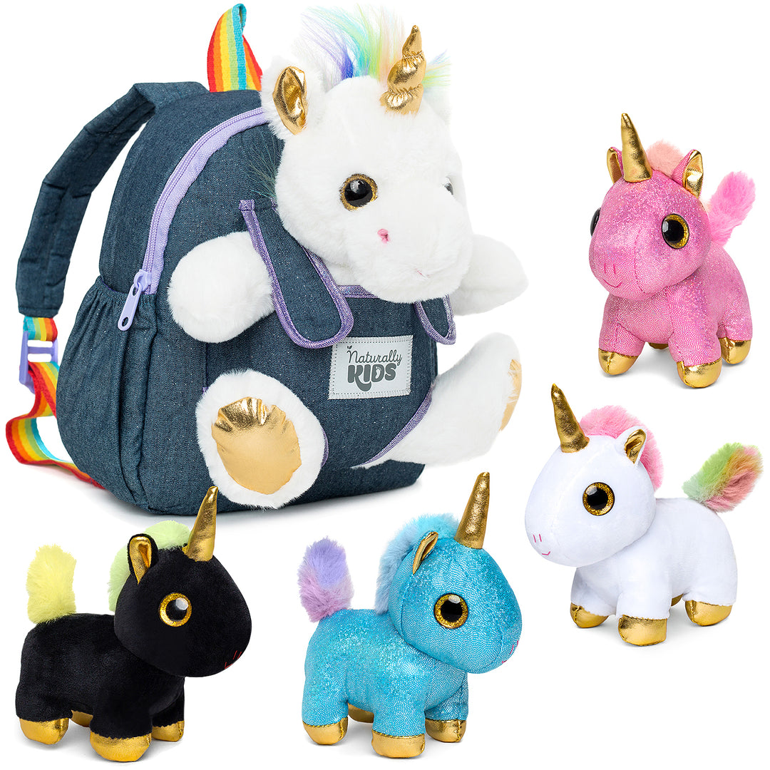 🦄 4 Plush Unicorn Toys: Pink, White, Blue and Black in a Unicorn Backpack — Stress-Relief Sensory Fidget Unicorn Gifts for Girls & Boys by Naturally KIDS®