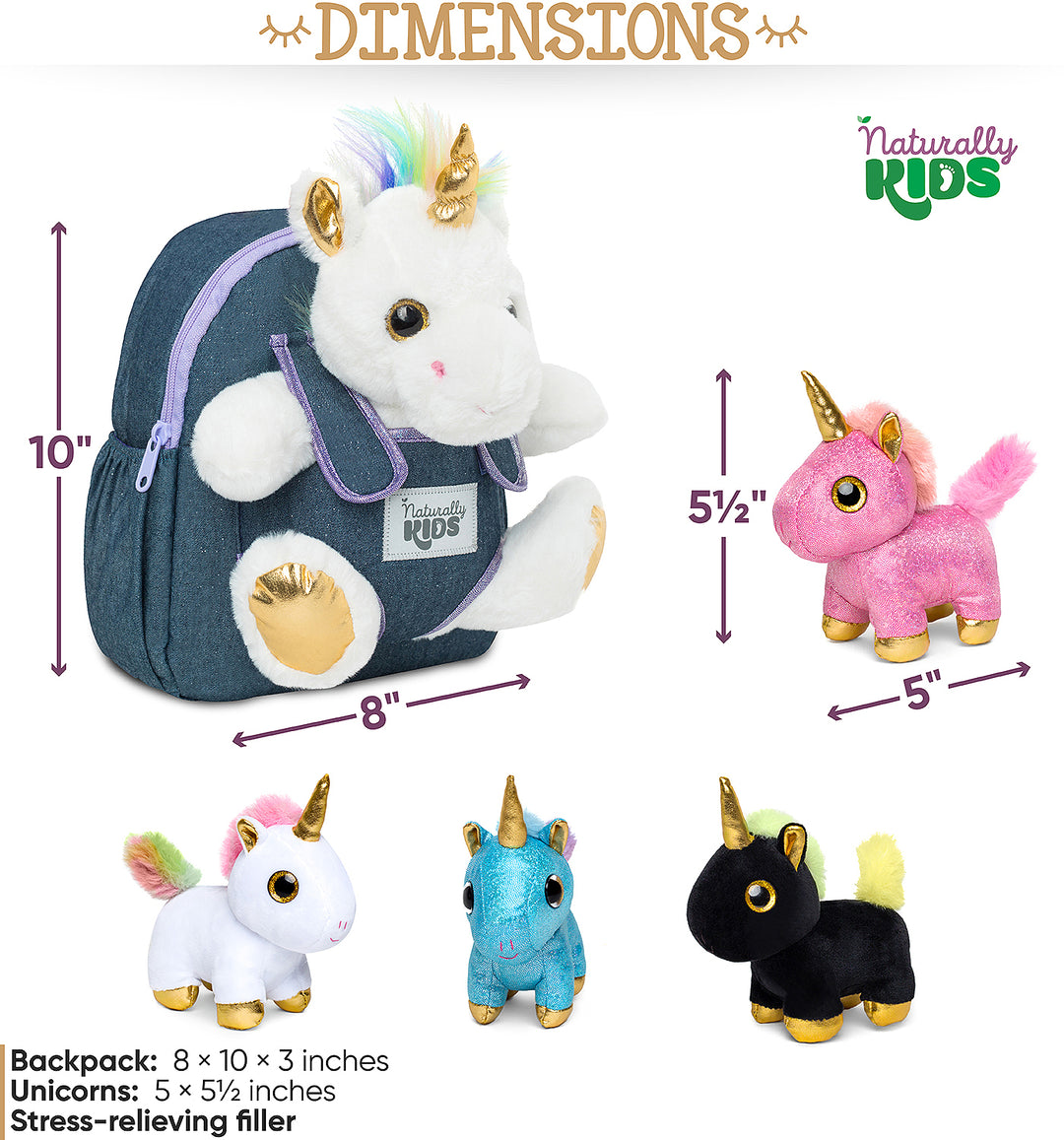🦄 4 Plush Unicorn Toys: Pink, White, Blue and Black in a Unicorn Backpack — Unicorn Gifts for Girls &amp; Boys