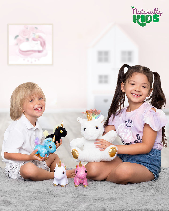 🦄 4 Plush Unicorn Toys: Pink, White, Blue and Black in a Unicorn Backpack — Unicorn Gifts for Girls &amp; Boys