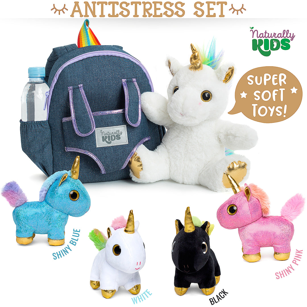 🦄 4 Plush Unicorn Toys: Pink, White, Blue and Black in a Unicorn Backpack — Unicorn Gifts for Girls &amp; Boys