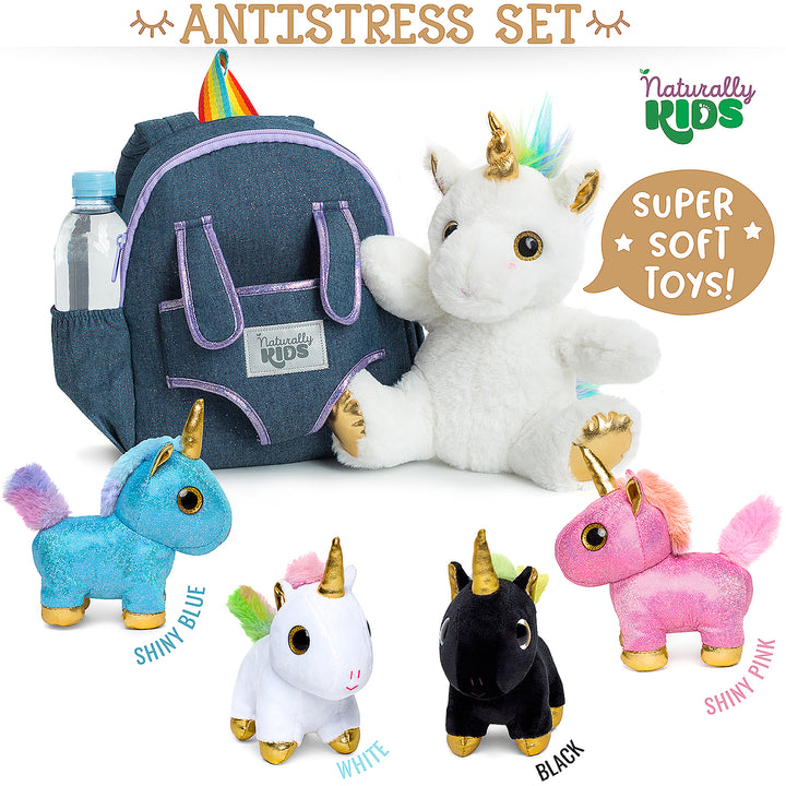 🦄 4 Plush Unicorn Toys: Pink, White, Blue and Black in a Unicorn Backpack — Unicorn Gifts for Girls &amp; Boys