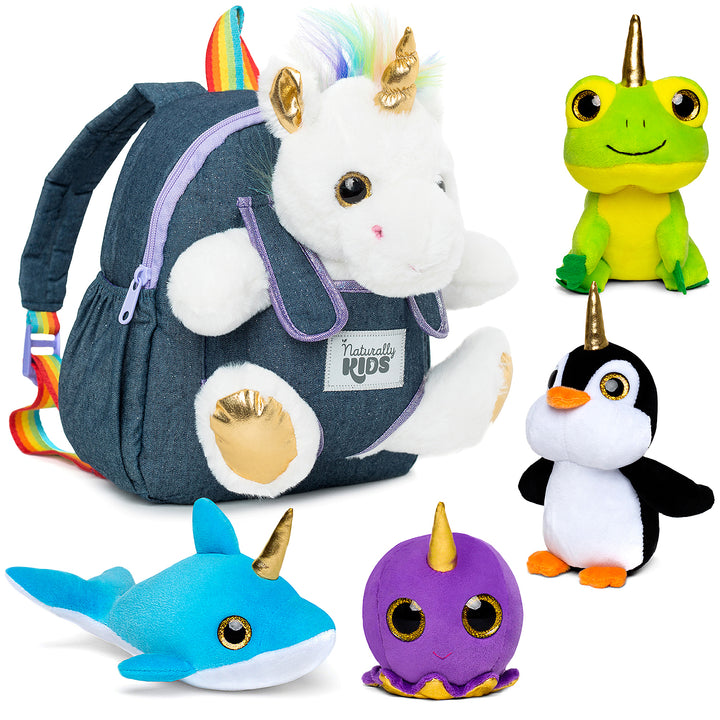🦄 4 Plush Unicorn Toys: Frog, Octopus, Dolphin, Penguin in a Unicorn Backpack — Stress-Relief Sensory Fidget Unicorn Gifts for Girls &amp; Boys by Naturally KIDS®