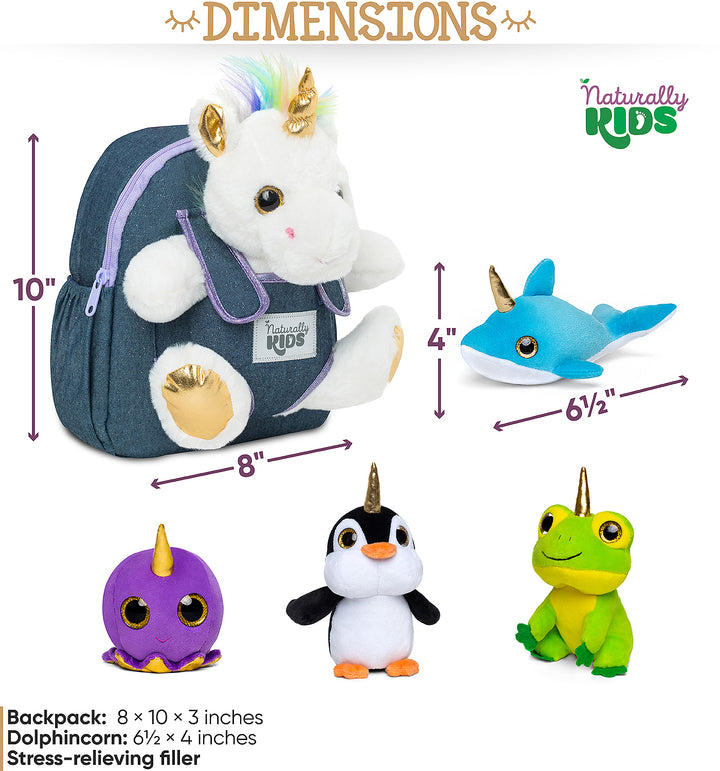 🦄 4 Plush Unicorn Toys: Frog, Octopus, Dolphin, Penguin in a Unicorn Backpack — Unicorn Gifts for Girls &amp; Boys