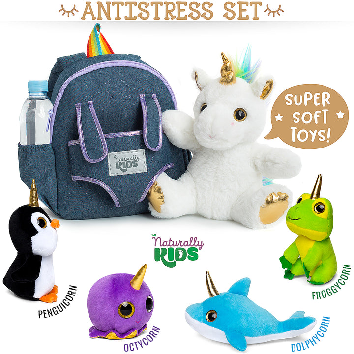 🦄 4 Plush Unicorn Toys: Frog, Octopus, Dolphin, Penguin in a Unicorn Backpack — Unicorn Gifts for Girls &amp; Boys