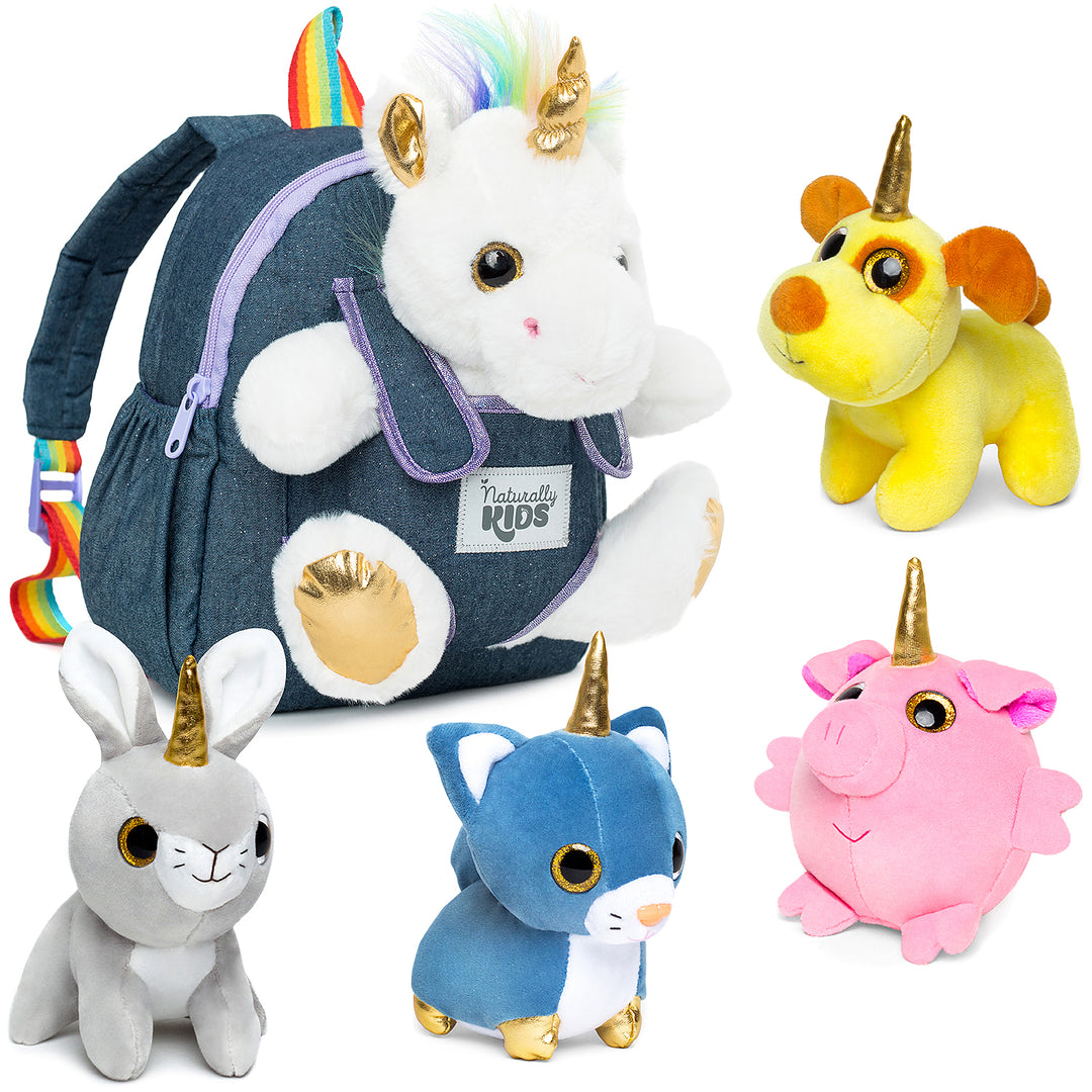 🦄 4 Plush Unicorn Animals Toys: Dog, Pig, Cat, Rabbit in a Unicorn Backpack — Stress-Relief Sensory Fidget Unicorn Gifts for Girls & Boys by Naturally KIDS®