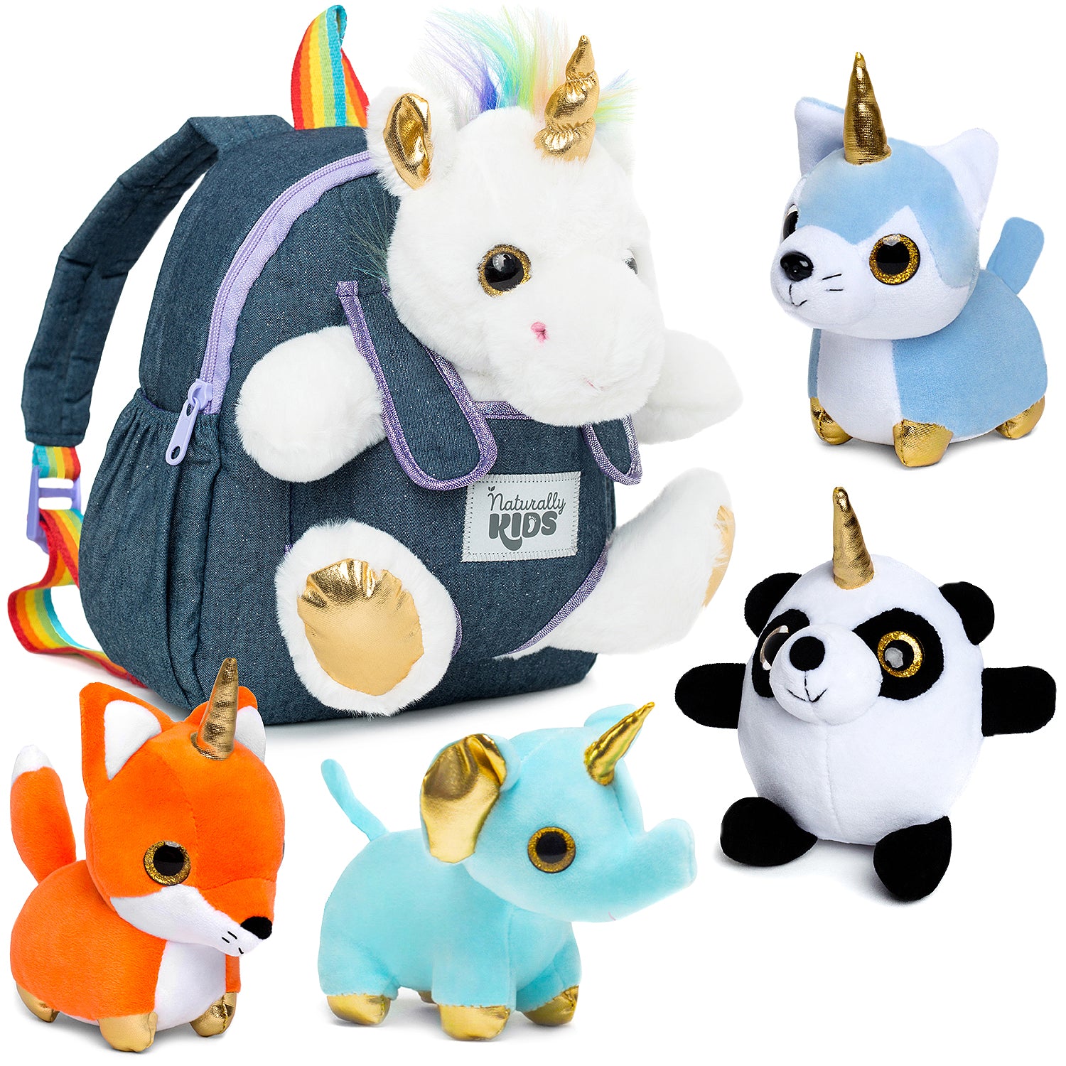 4 Plush Unicorn Toys: Cat, Fox, Elephant, Panda in A Unicorn Backpack — Stress-Relief Sensory Fidget Unicorn Gifts for Girls & Boys